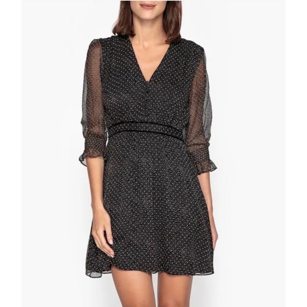 NWT ba&sh Dolly Dress Black White Polka Dot Sheer Sleeve V Neck Size‎ M
